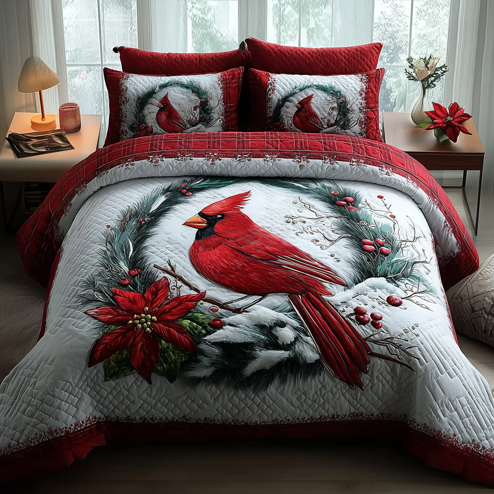 Cardinal Charm Quilted Bedding Set Duvet Cover Cardinal Themed Gifts