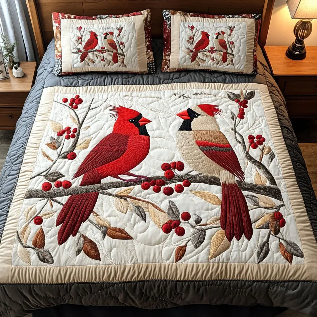 Cardinal Forever Pair Quilted Bedding Set Valentine Day Ideas Present For Man