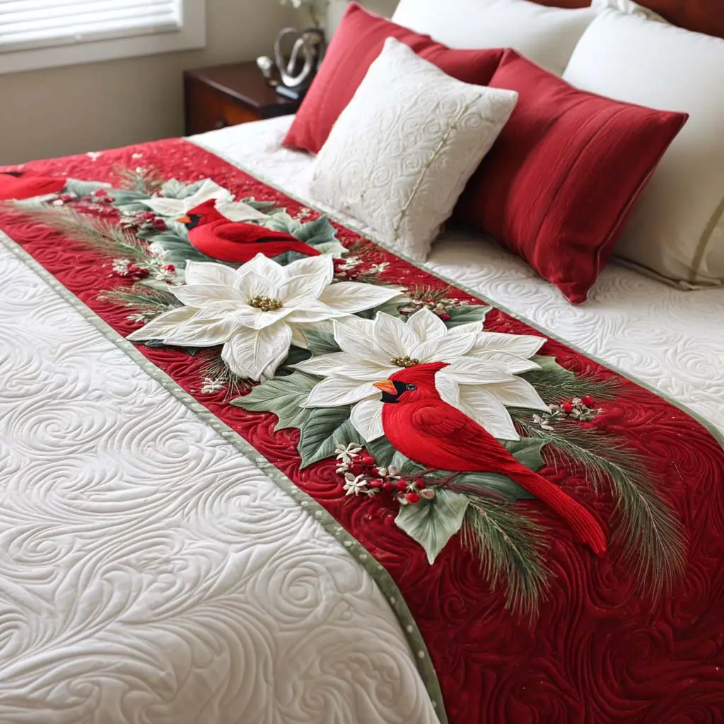 Cardinal Joy Quilted Bed Runner Winter Cardinal Look Gift for Grandma