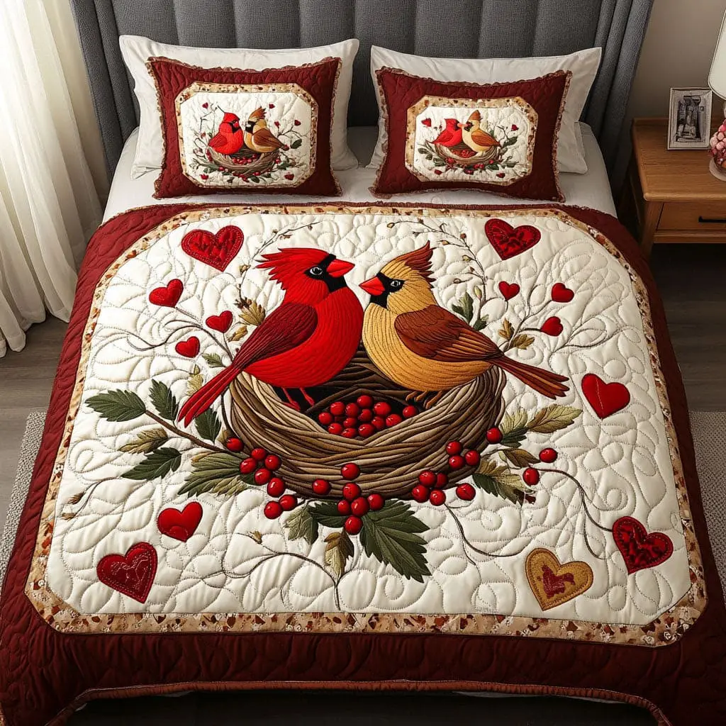 Cardinal Love Circle Quilted Bedding Set Retro Valentines Room Decor Gifts For Adults