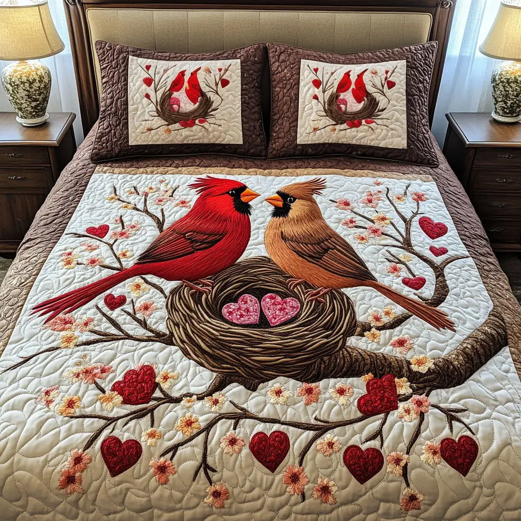 Cardinal Love Perch Quilted Bedding Set Valentine Day Gifts For Your Family