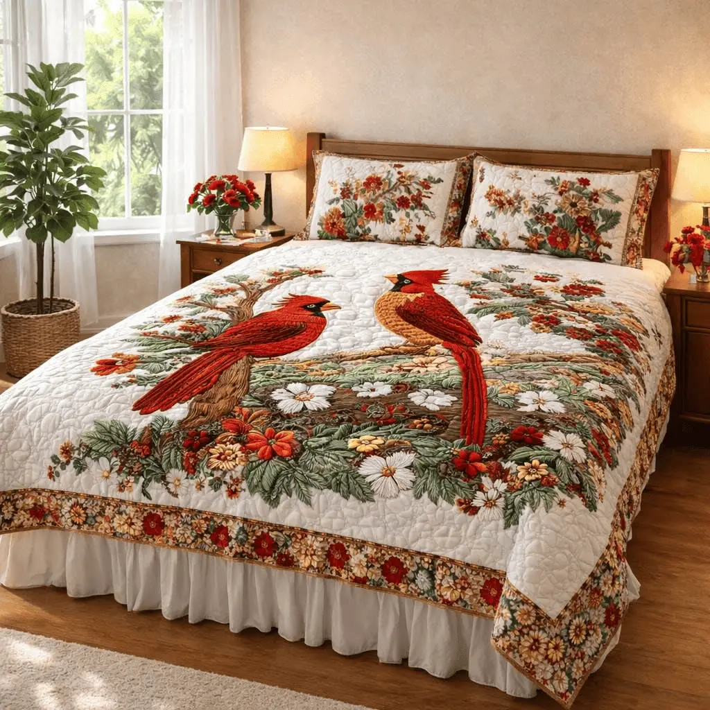 Cardinal Love Quilt Bedding Set Floral Duvet Covers For Valentine Day Cardinal Love Quilt Bedding Set Floral Duvet Covers For Valentine Day - Image 1