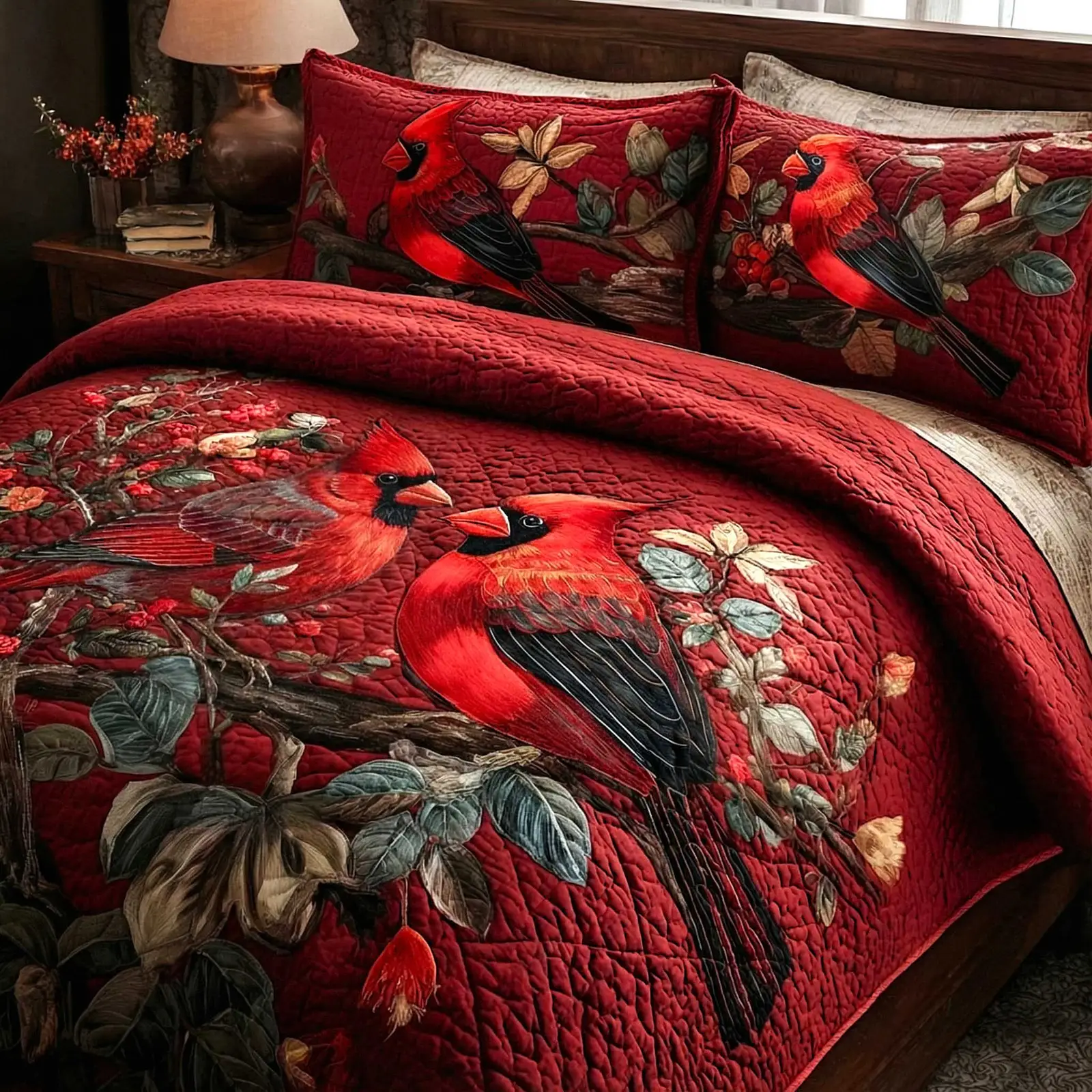 Cardinal Love Quilted Bedding Set Red Bird Bedroom Decor Best Gift For Bird Lovers