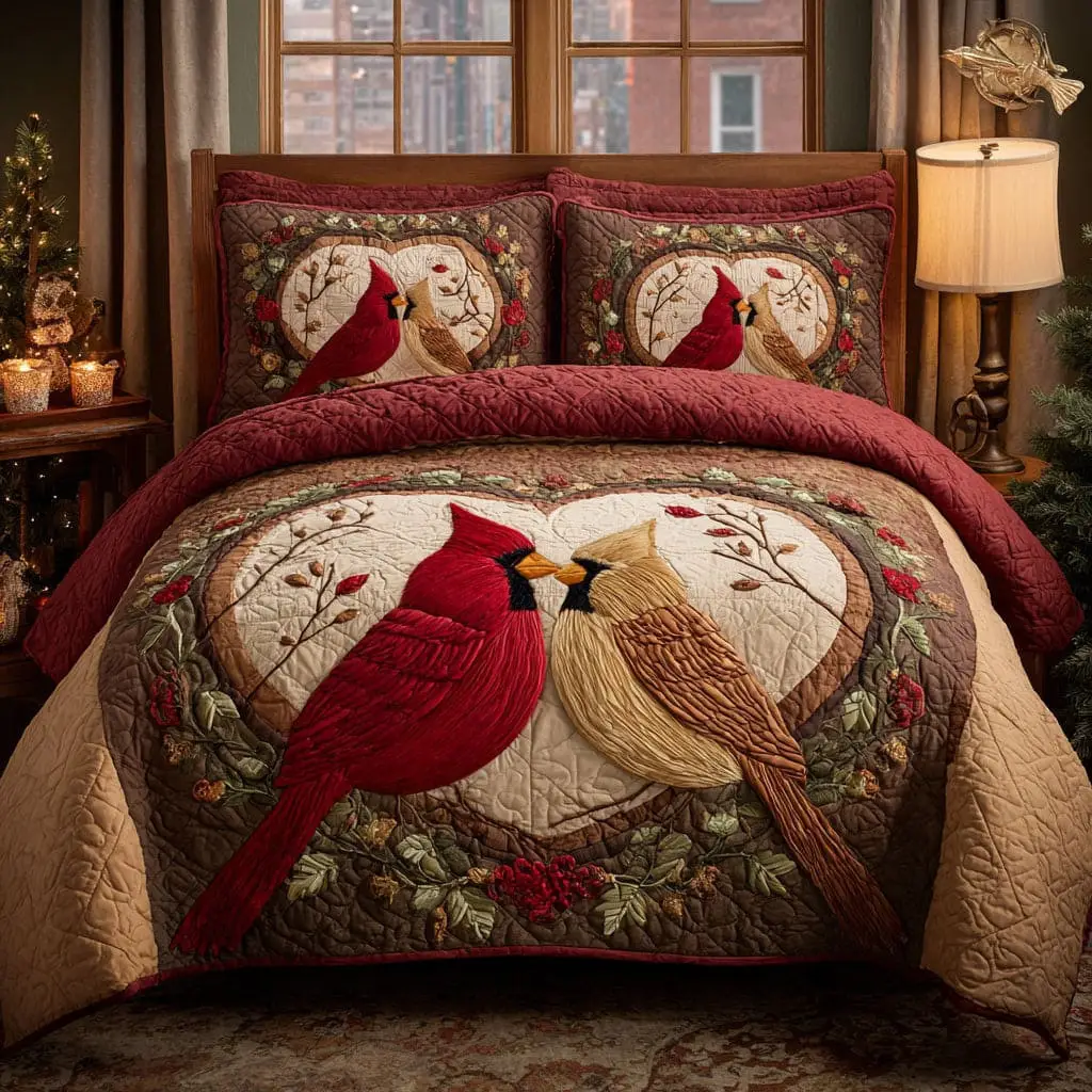 Cardinal Quilted Bedding Set Crimson Heart Memorial Duvet Cover Valentine Presents For Him