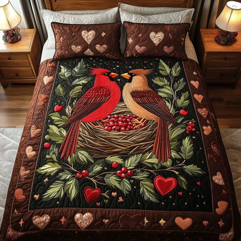 Cardinal Quilted Bedding Set Heart Nest Valentine Day Bedspread Set Gifts For Sister In Law Cardinal Quilted Bedding Set Heart Nest Valentine Day Bedspread Set Gifts For Sister In Law - Image 1