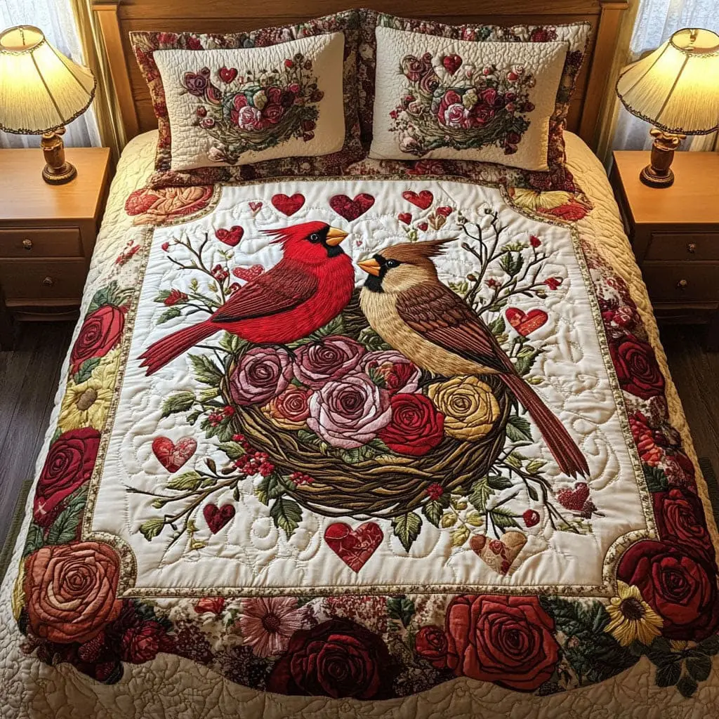 Cardinal Quilted Bedding Set Nest Of Love Nice Family Duvet Cover Valentine Day Gifts