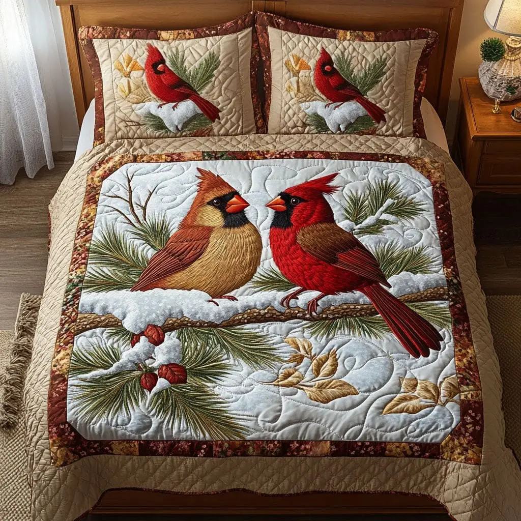 Cardinal Quilted Bedding Set Ruby Companions Duvet Cover Valentine Day Presents For Nana