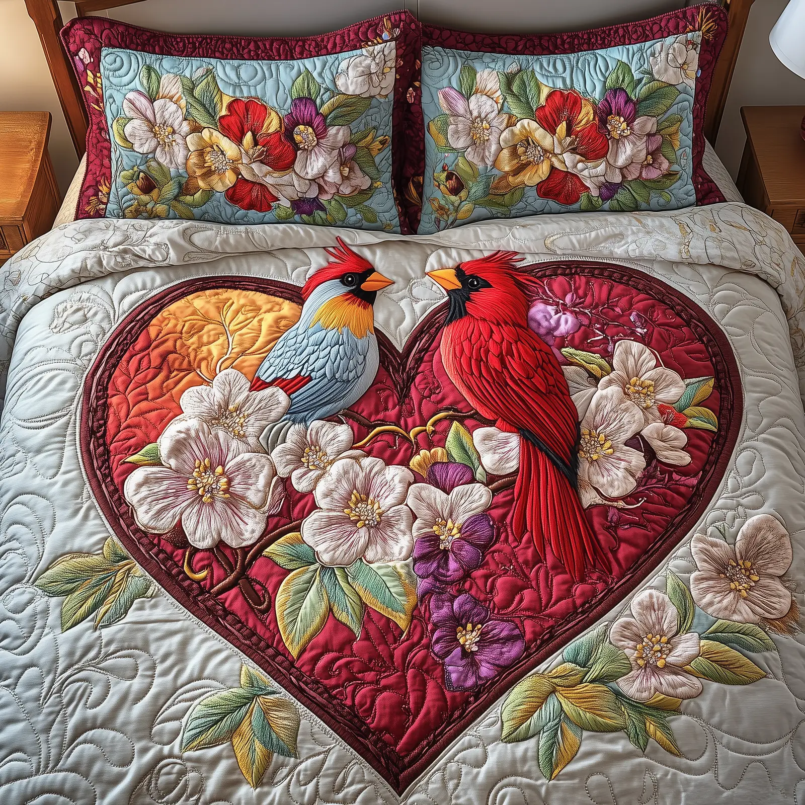 Cardinal Romance Haven Quilted Bedding Set Aesthetic Home Decor Gift For Valentine's Day