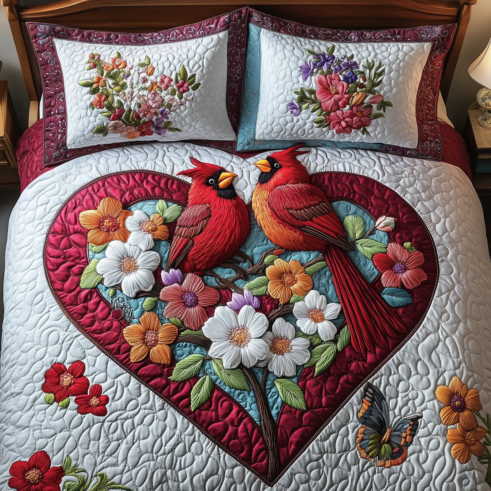 Cardinal Romance Haven Quilted Bedding Set Aesthetic Home Decor Valentine's Day Gifts For Her