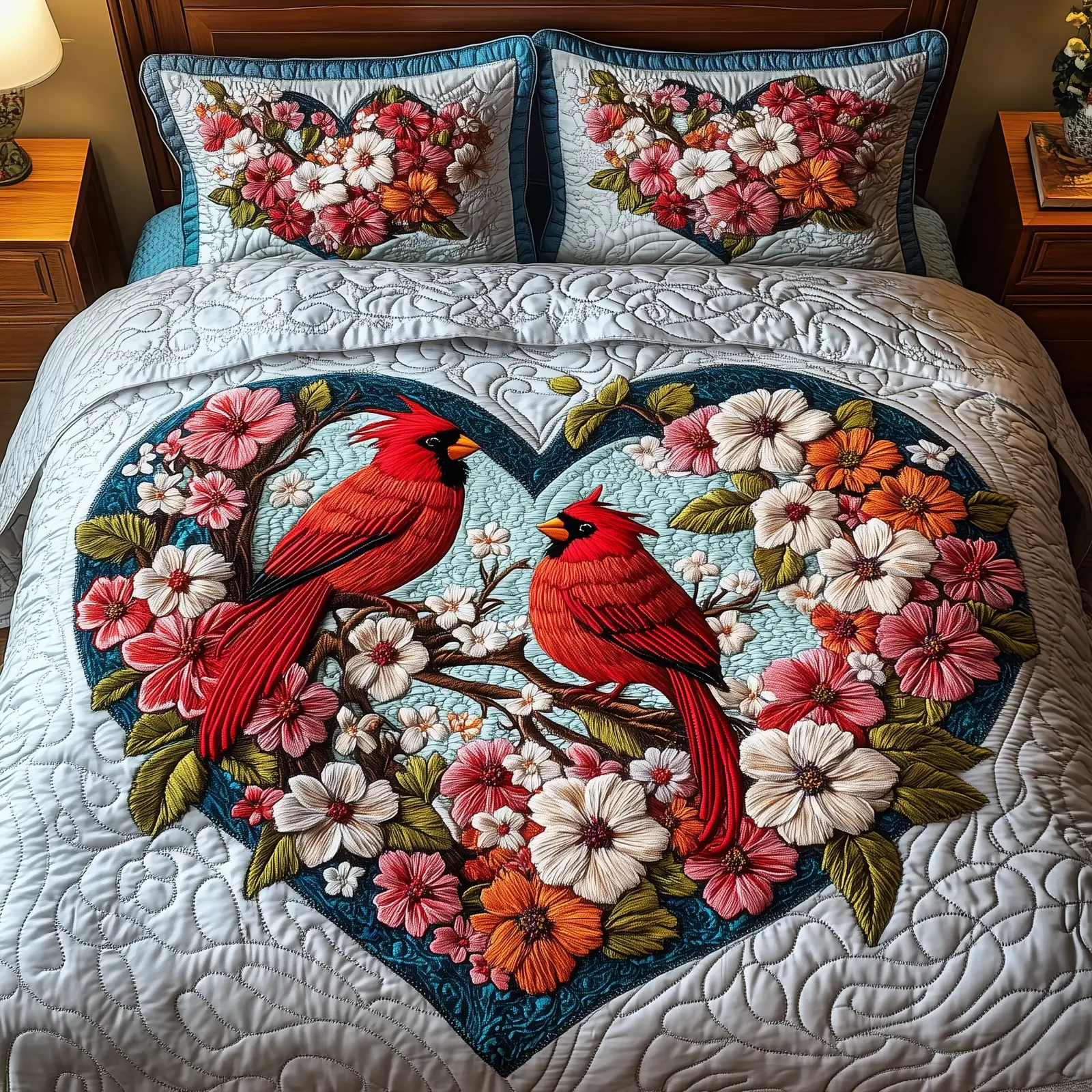 Cardinal Romance Haven Quilted Bedding Set Chic Home Decor Unique Valentine's Day Ideas