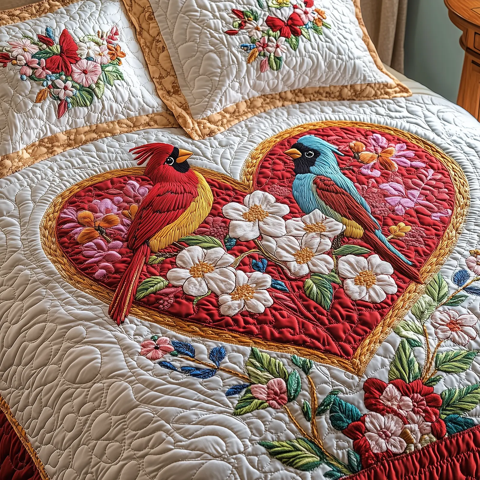 Cardinal Romance Haven Quilted Bedding Set Luxury Home Decor Valentines Gift For Husband