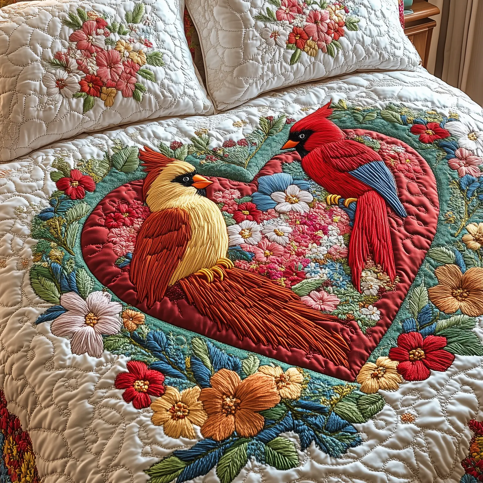 Cardinal Romance Haven Quilted Bedding Set Trendy Home Decor Gift For Valentine's Day