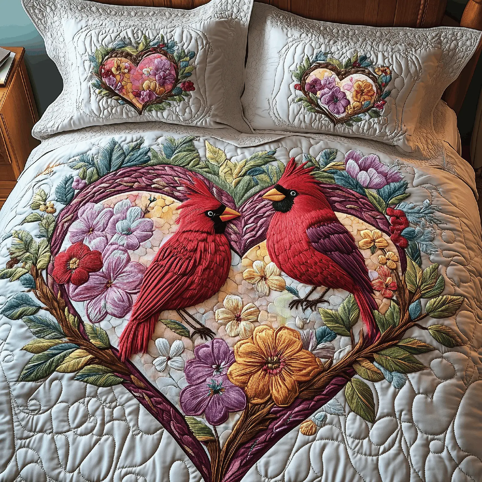 Cardinal Romance Haven Quilted Bedding Set Valentine Day Gifts For Your Grandpa