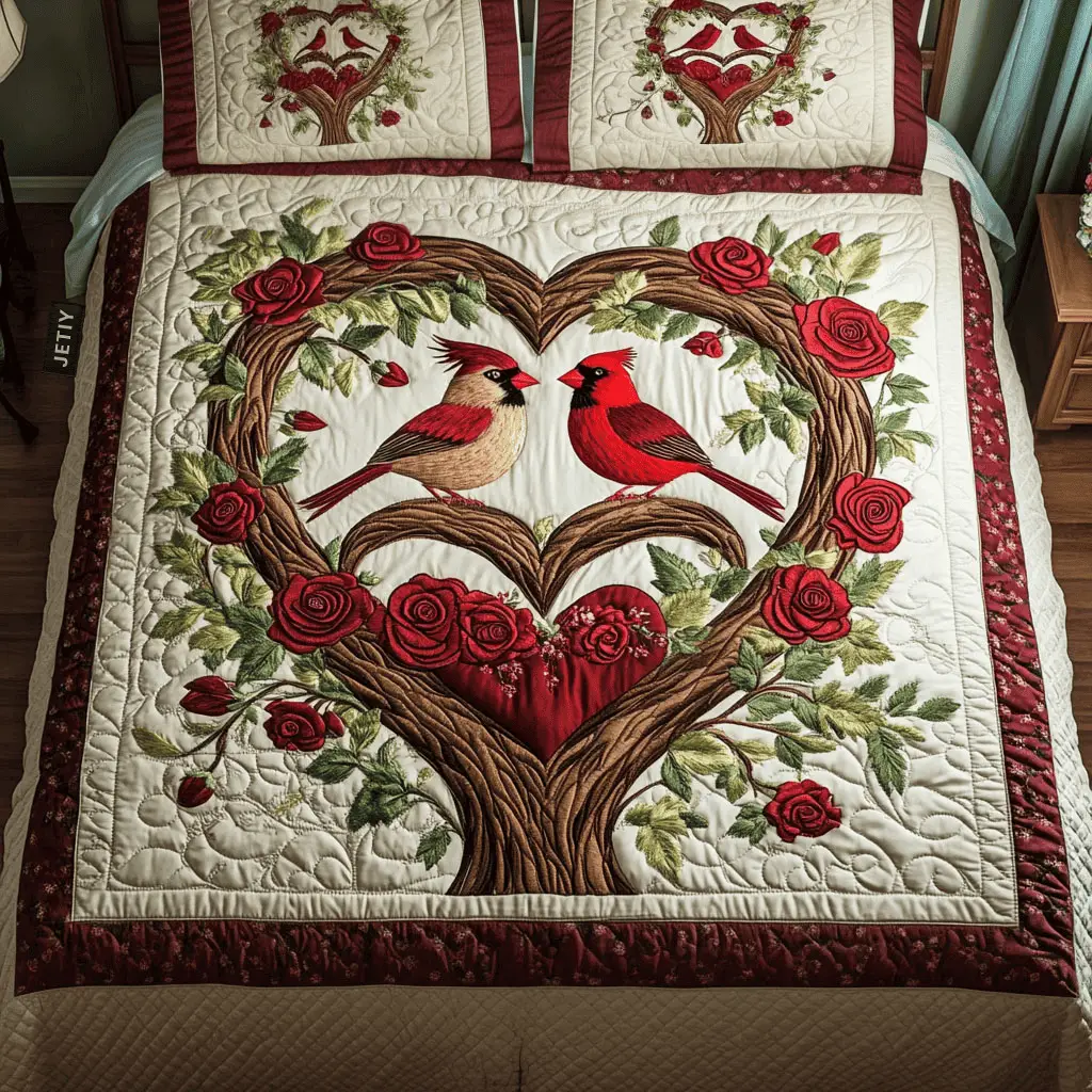 Cardinal Whisper Quilted Bedding Set Hummingbird Bedroom Decor Valentin'S Day Gifts