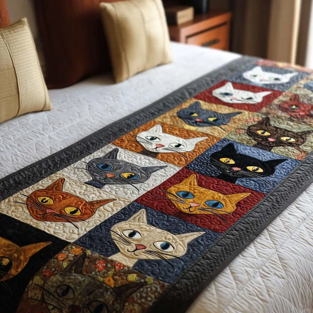 Cartoon Cats Quilted Bed Runner Cute Cartoon Cats Pet Lover Gift