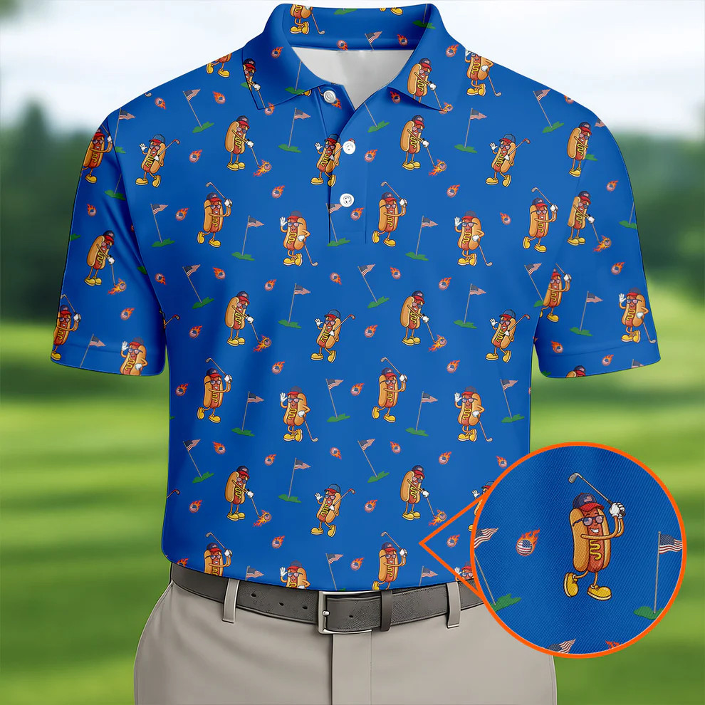Cartoon Hot Dogs American Flag Golf Polo Shirt 250th Anniversary Clothing for Golfers