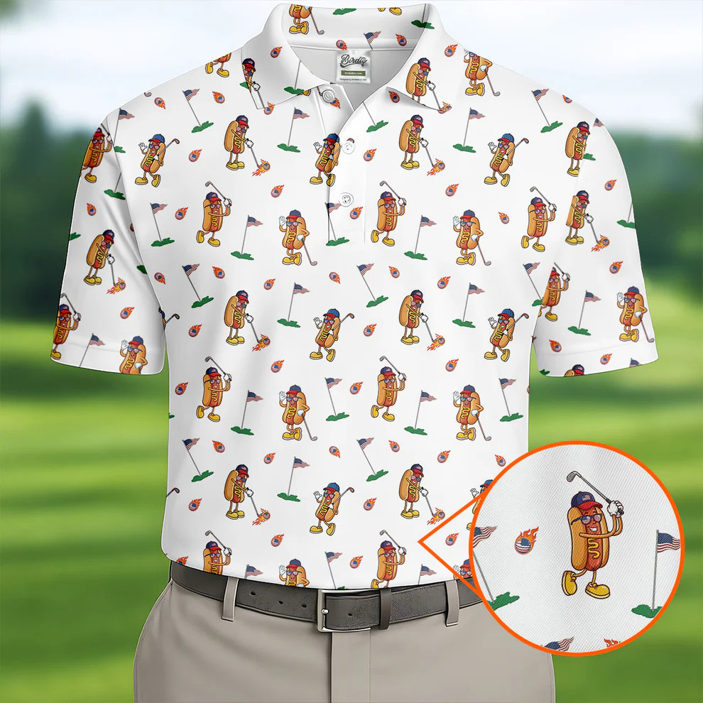 Cartoon Hot Dogs American Flag Polo Golf Shirt 250th Anniversary Merch Father's Day Gift