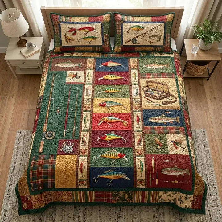 Cast Master Quilted Bedding Set Fishing Cabin Bedroom Decor Gift For Lake House Lovers