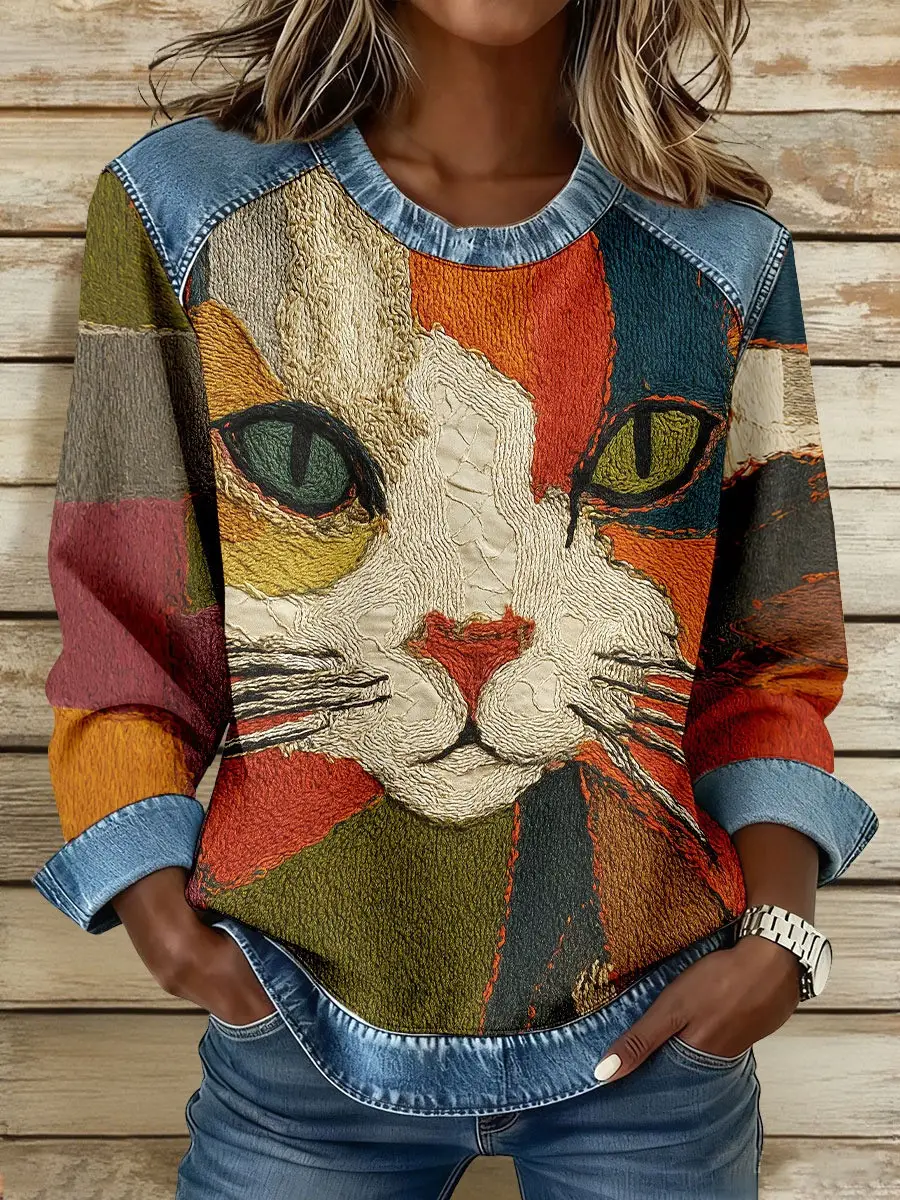 Cat Art Geometric Sweatshirt Women's Cute Cat Face Sweatshirt Best Gifts For Cat Lovers Cat Art Geometric Sweatshirt Women's Cute Cat Face Sweatshirt Best Gifts For Cat Lovers - Image 1