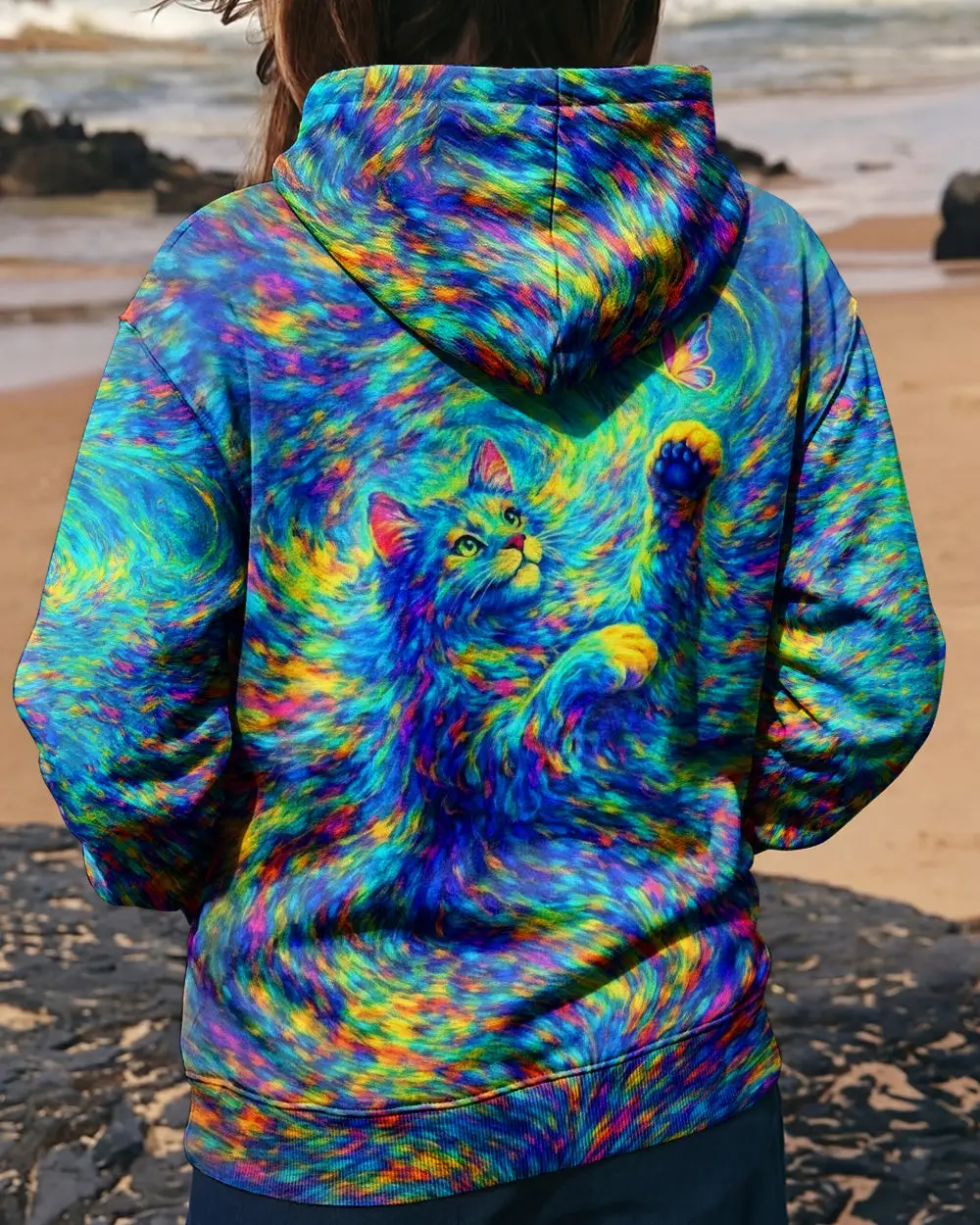 Cat Aurora Spirit All Over Tie Dye Hoodie Psychedelic Cat With Butterfly Clothing Gift For Her