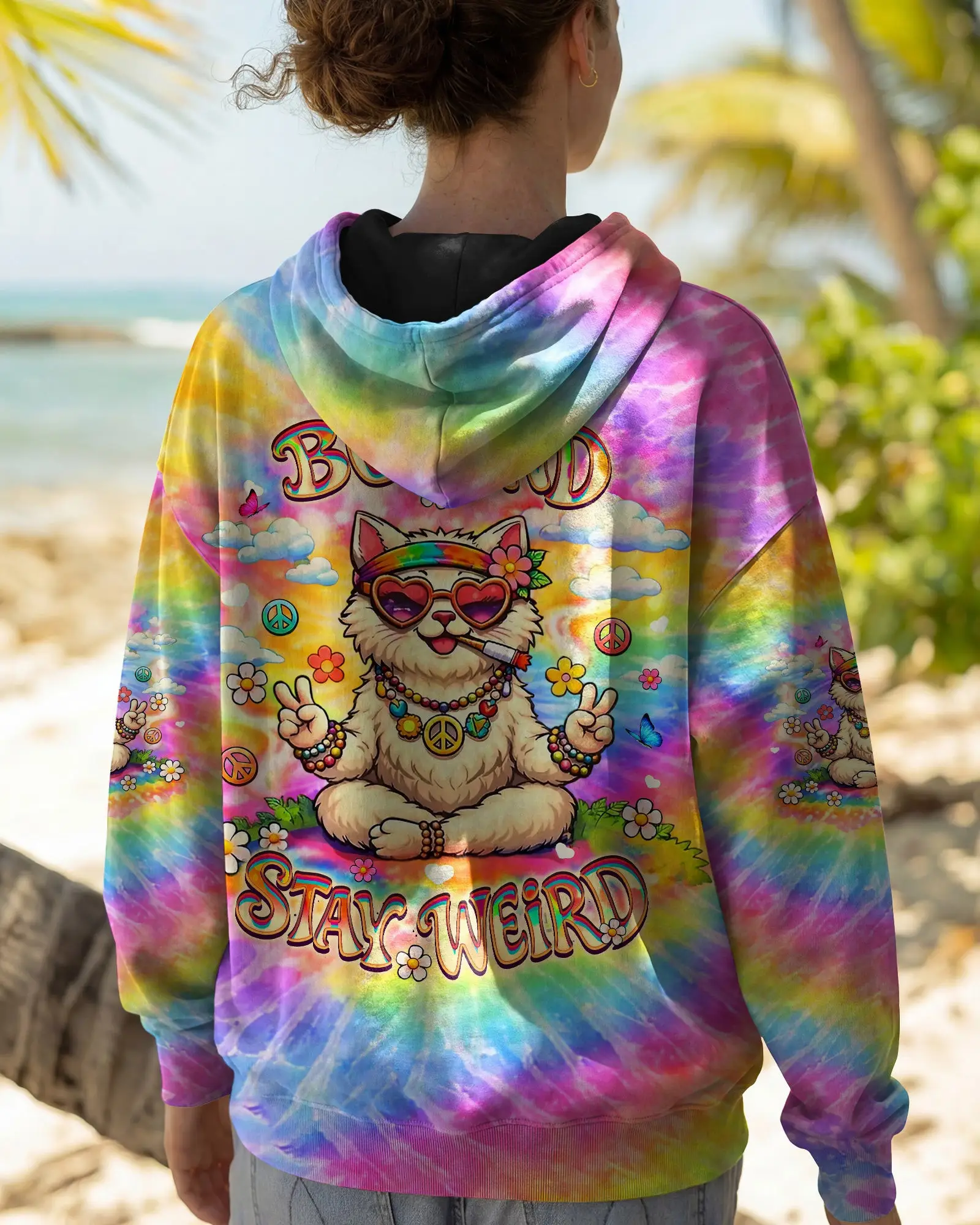 Cat Be Kind Stay Weird Hoodie Colorful Tie Dye Cat Peace Sign Flower Art Clothing Gift For Mom