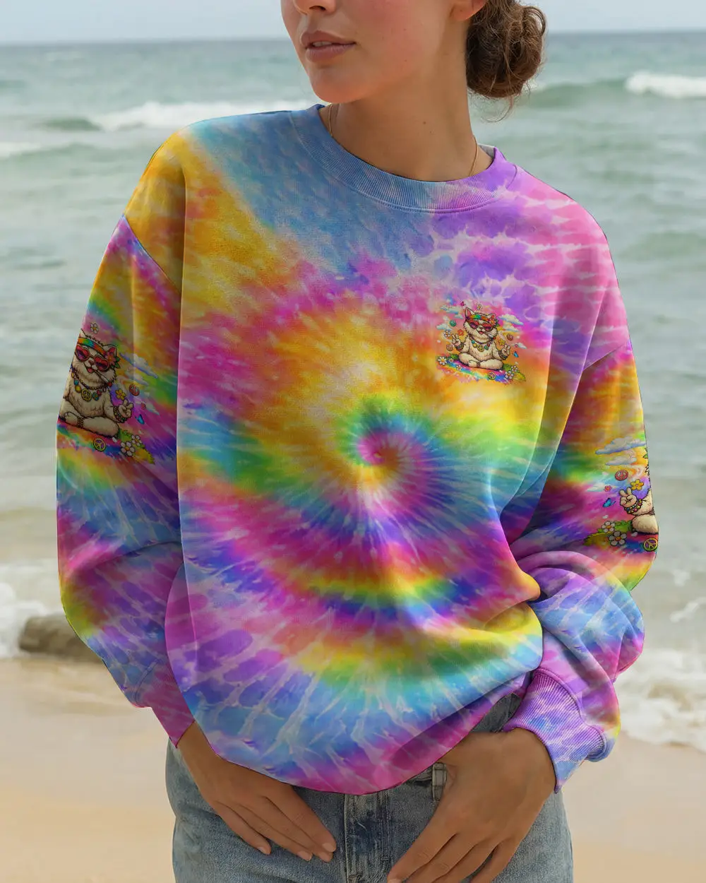 Cat Be Kind Stay Weird Sweatshirt Colorful Tie Dye Cat Peace Sign Flower Art Gift For Mom