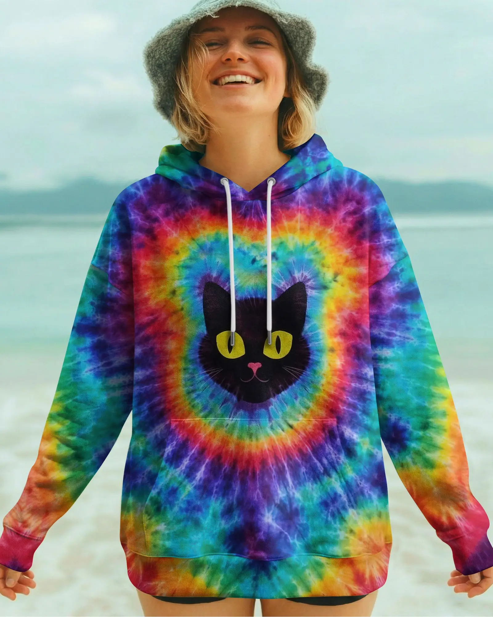 Cat Colorful Swirl Pattern Tie Dye Hoodie Unique Colors Gift For Cat Lovers