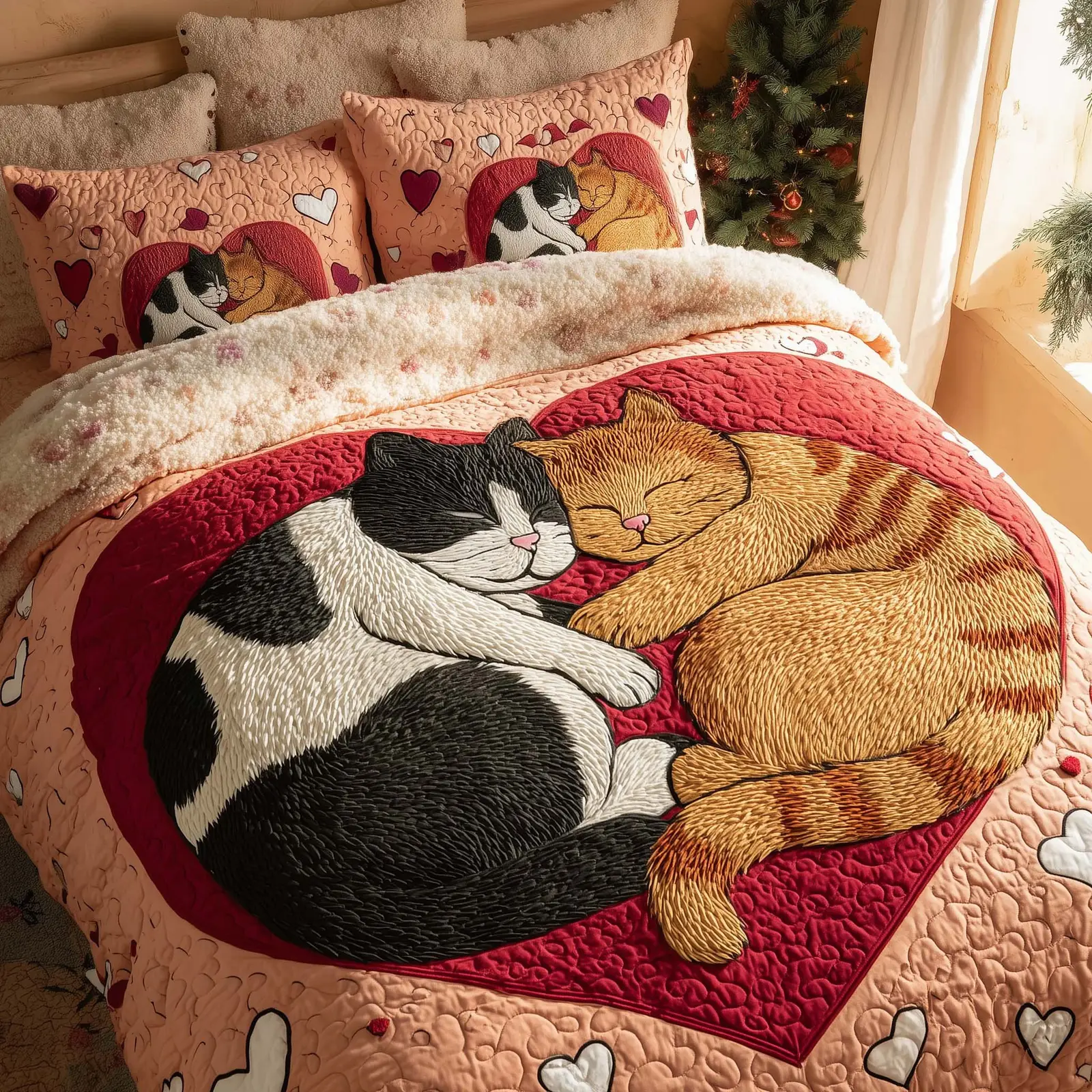 Cat Couple Quilted Bedding Set Top Cat Valentine Day Present For Your Girlfriend