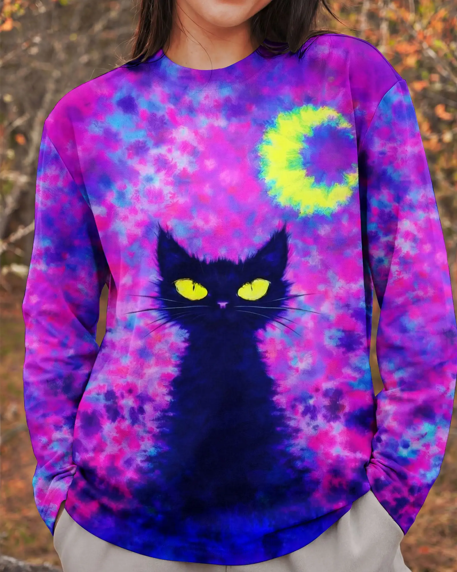 Cat Crescent Moon Swirl Tie Dye Sweatshirt Vibrant Colors Special Gift For Her