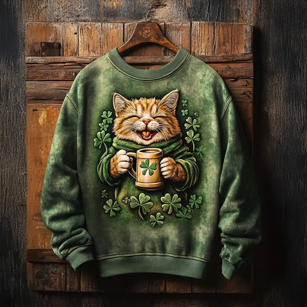 Cat Drinking Coffee Art Sweatshirt Funny St. Patrick's Day Sweatshirt Gifts For Cat Lovers