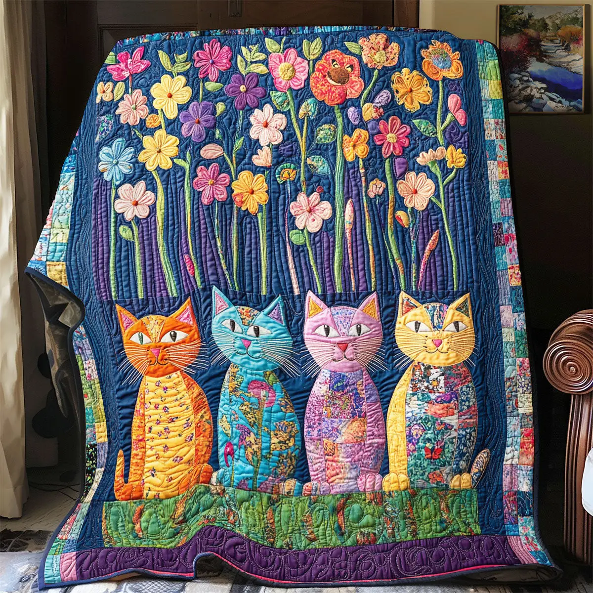 Cat Flower Quilt Luxury Throw Blankets Mother's Day Gifts For Wife Cat Flower Quilt Luxury Throw Blankets Mother's Day Gifts For Wife - Image 1
