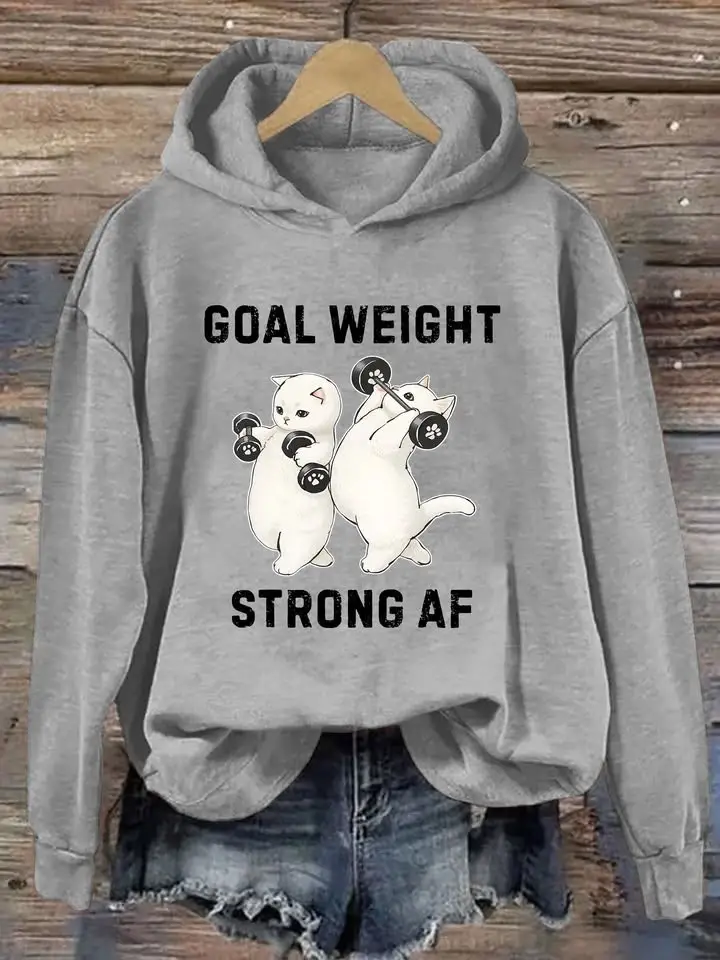 Cat Goal Weight Strong AF Hoodie Motivational Workout Hoodie Cat Lover Gifts For Her