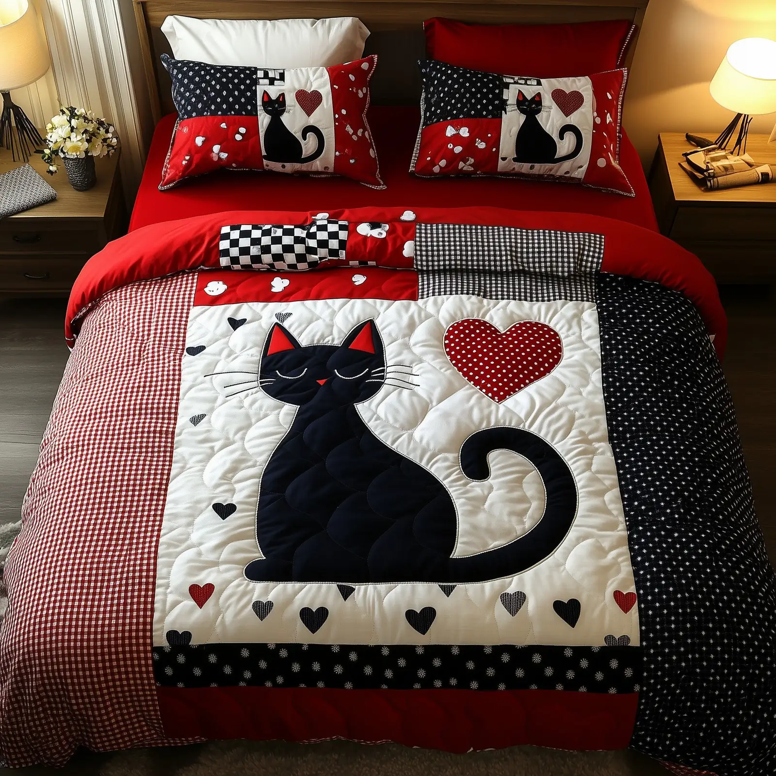 Cat Hear Quilted Bedding Set Duvet Cover Bedspread Xmas Heart And Cat Theme Gifts For Lovers