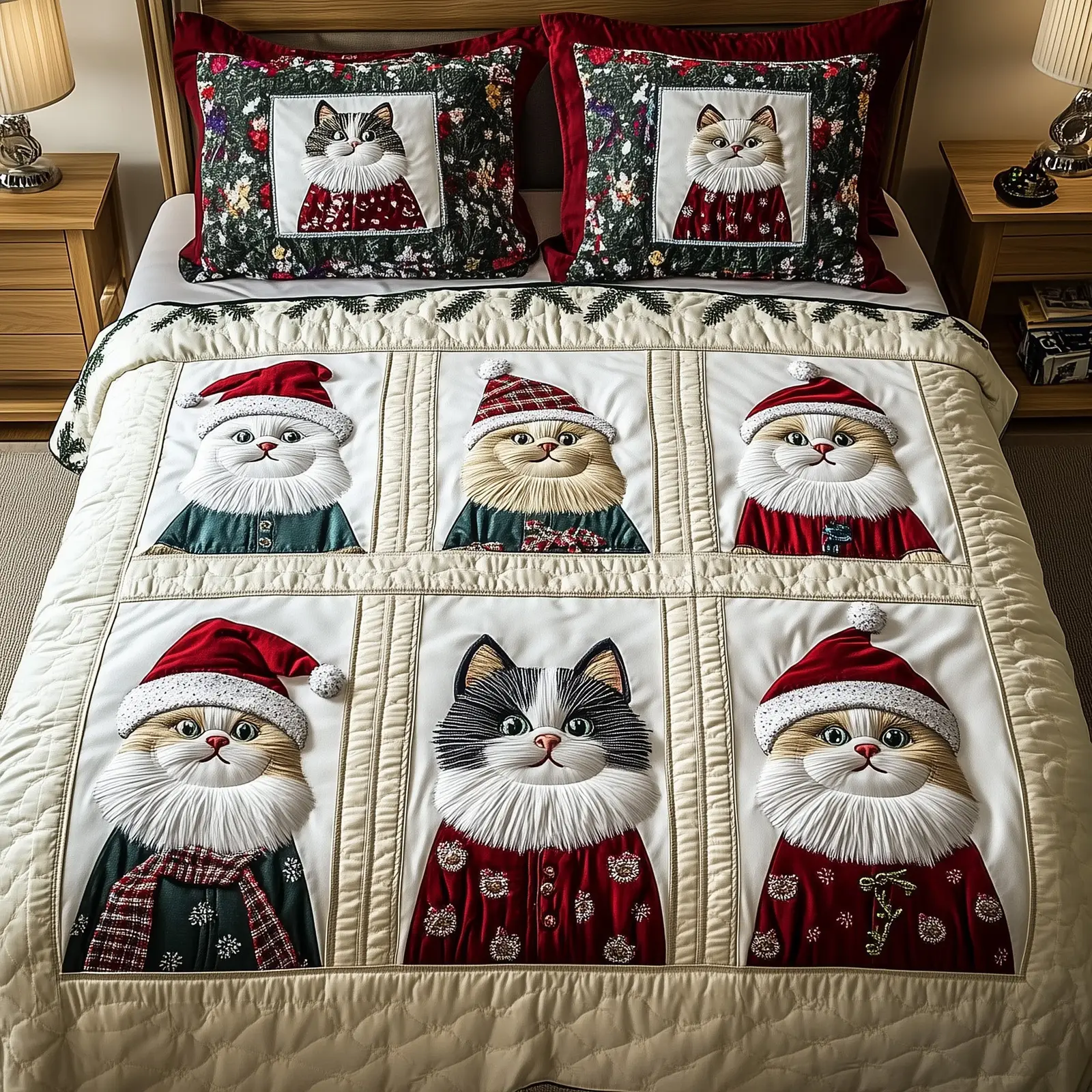 Cat Holiday Purrfect Christmas Quilted Bedding Set Duvet Cover Bedspread Cat Theme Cute Xmas Gifts