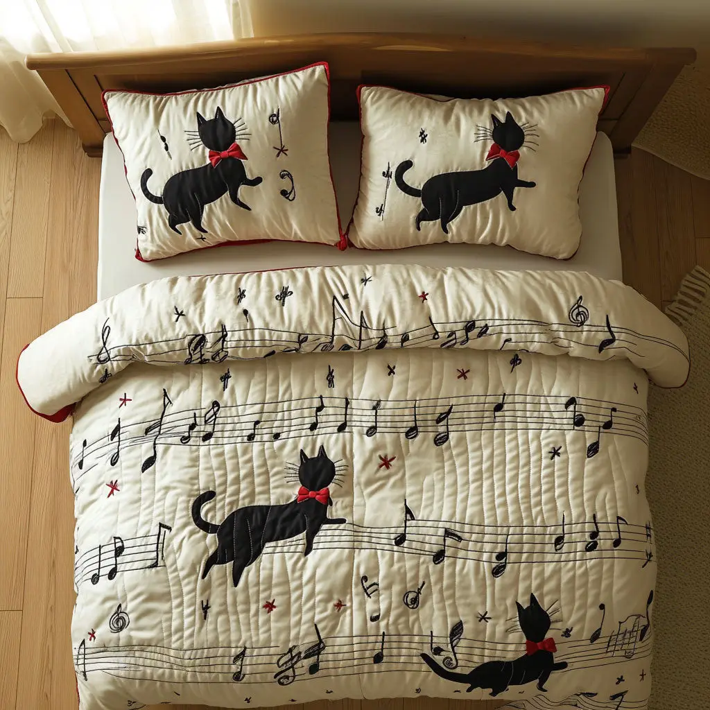 Cat Music Note Quilted Bedding Set Duvet Cover Bedspread Gifts For Family