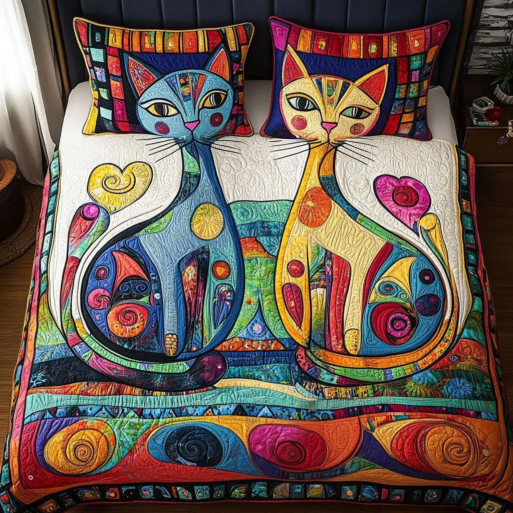 Cat Quilted Bedding Set Feline Fine Love Duvet Cover Best Valentine Gifts For Cat Lovers