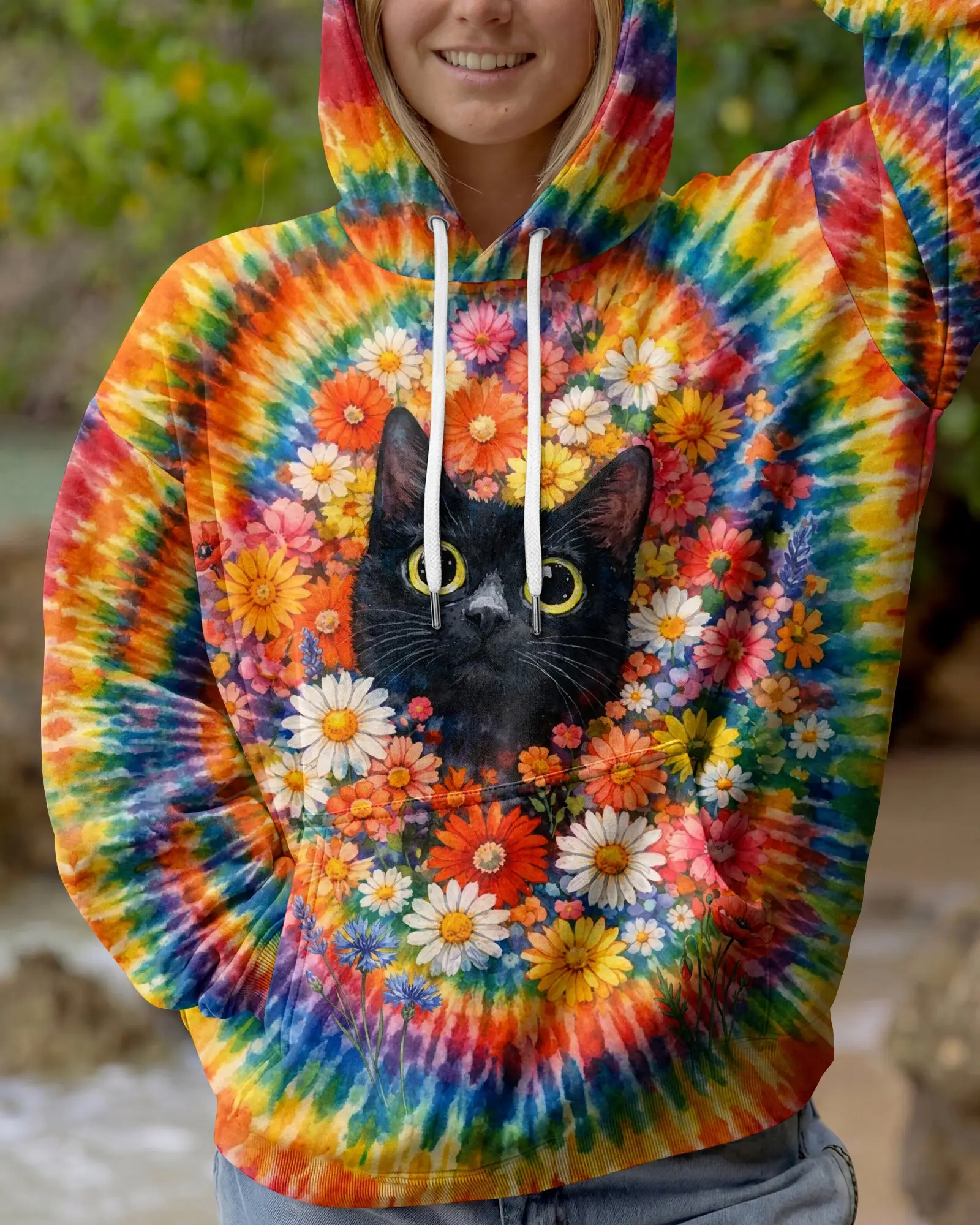 Cat With Floral Swirl Tie Dye Hoodie Vibrant Colors Clothing Gift For Mom
