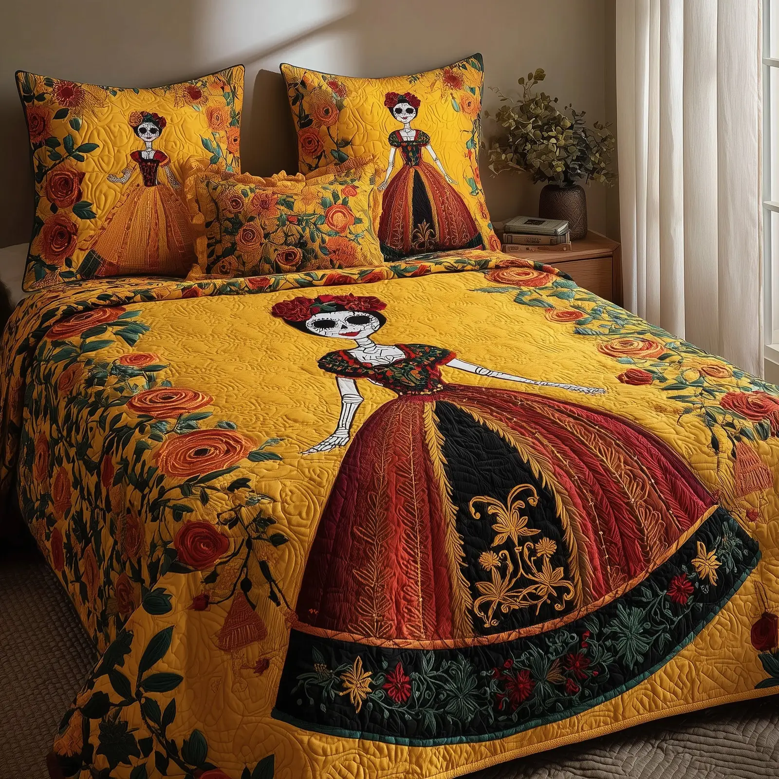 Catrina Bloom Quilted Bedding Set Bed Decoration Mexican Heritage Gift Ideas
