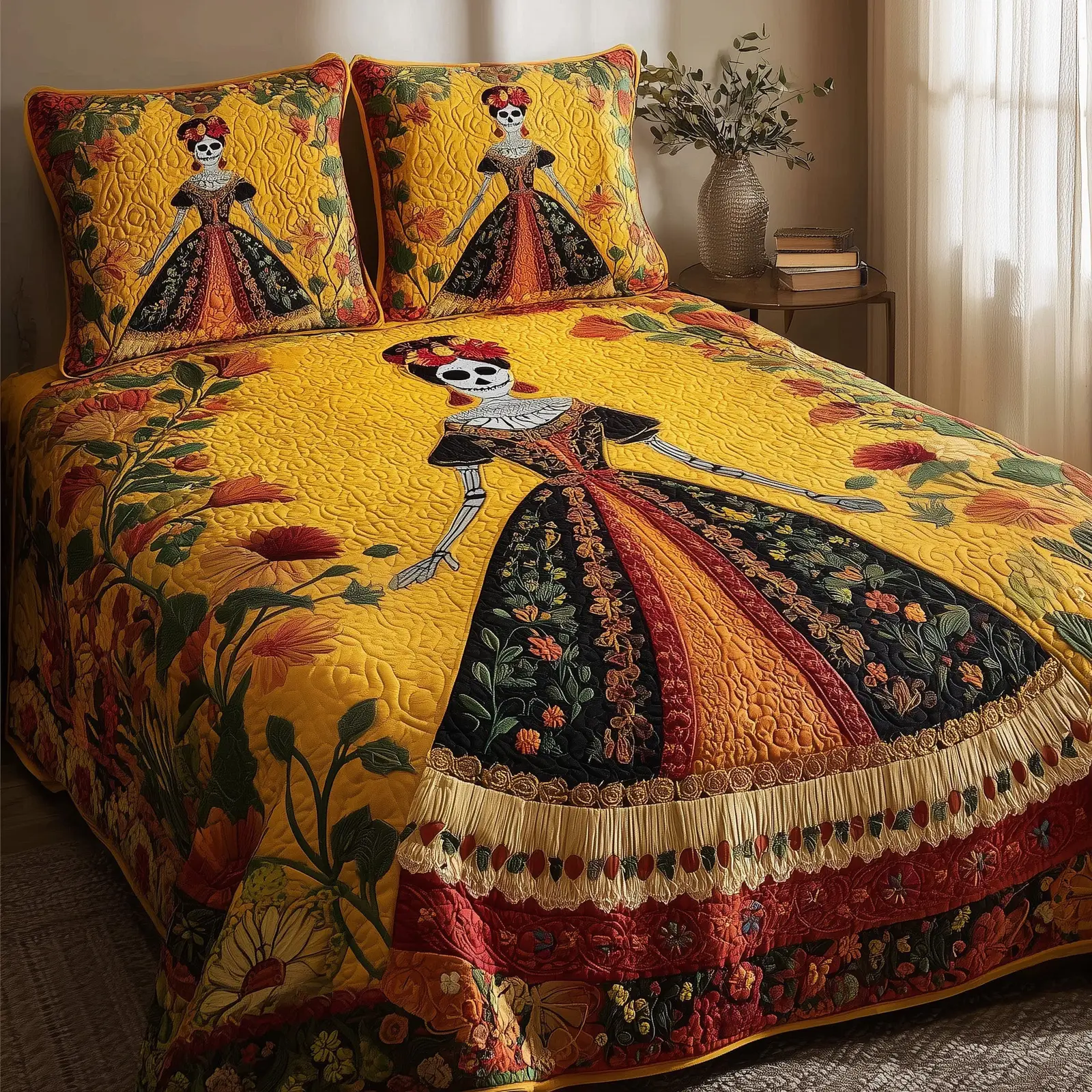 Catrina Bloom Quilted Bedding Set Bed Decoration Mexican Heritage Gifts For Women
