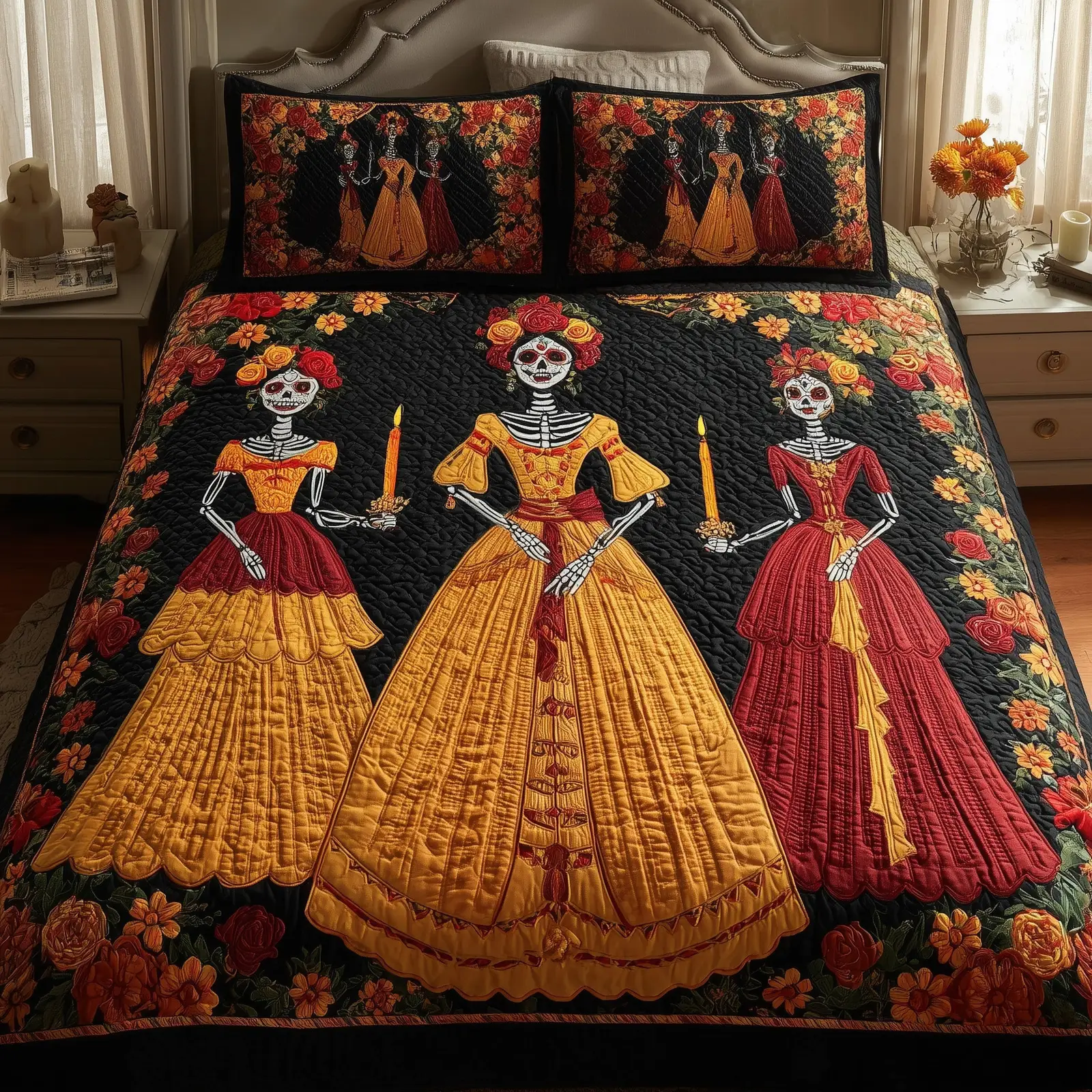 Catrina Bloom Quilted Bedding Set Room Decoration Gifts For Women Who Love Mexican Culture Catrina Bloom Quilted Bedding Set Room Decoration Gifts For Women Who Love Mexican Culture - Image 1