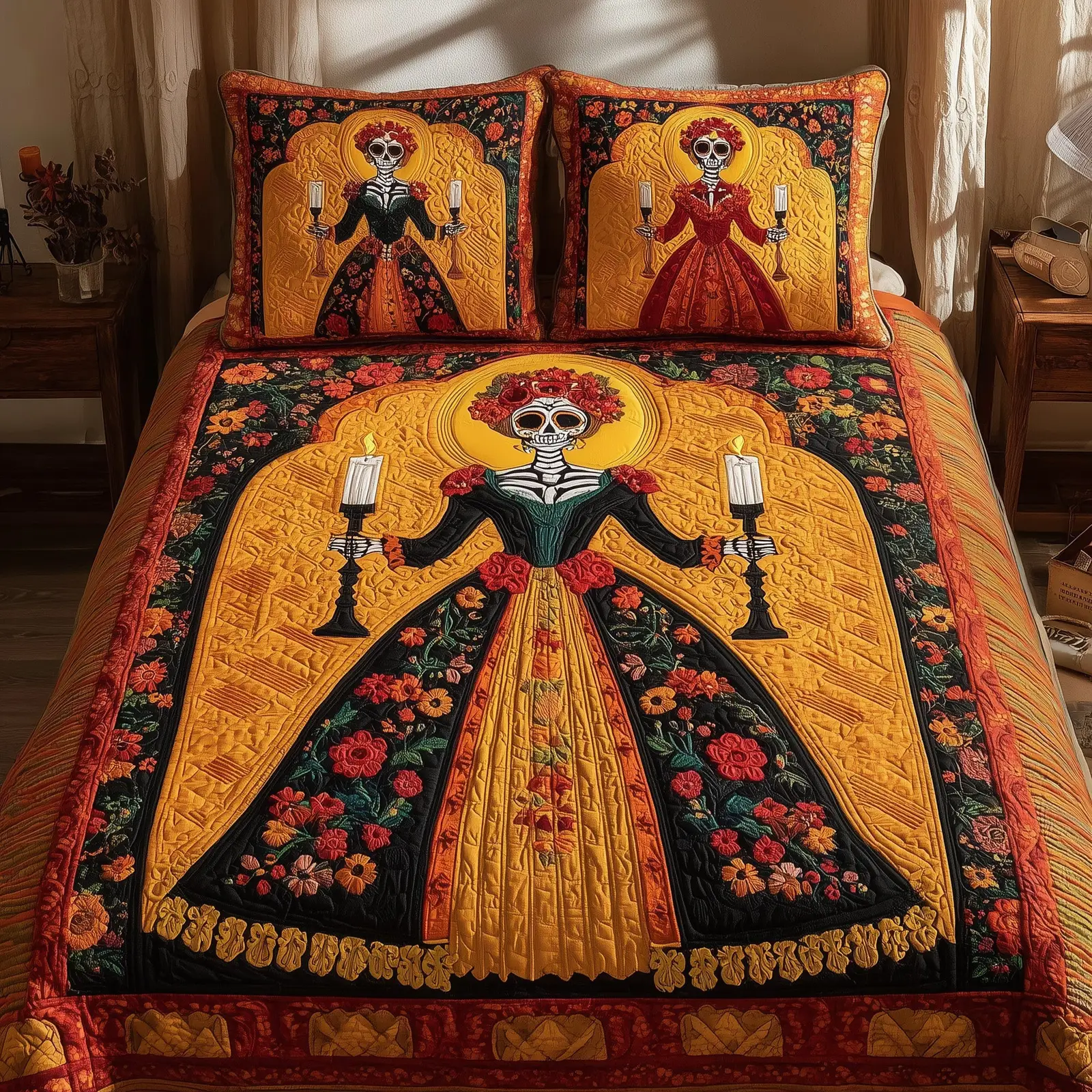Catrina Bloom Quilted Bedding Set Room Decoration Gifts For Women Who Love Mexican Culture Or Folk Art