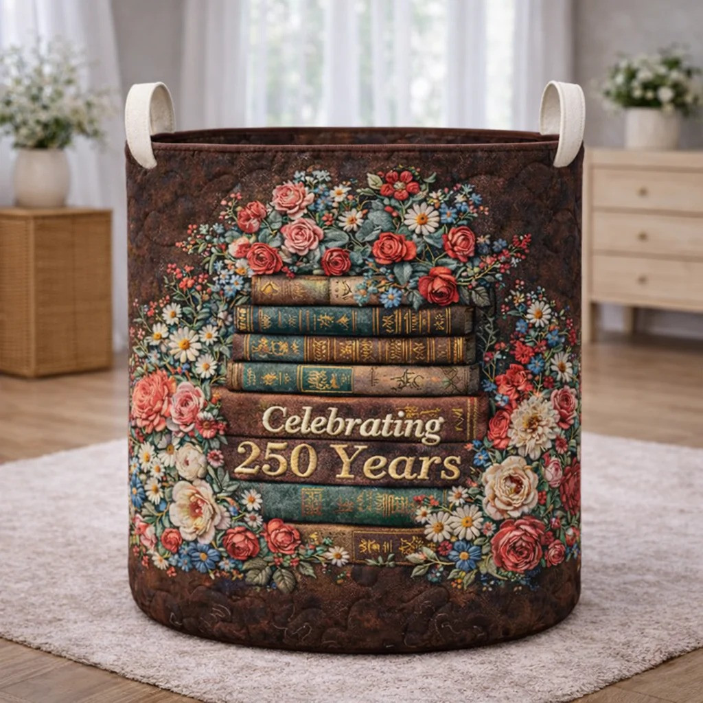 Celebrating 250 Years Quilted Laundry Basket Vintage Books Floral Home Decor Patriotic Gift Ideas Celebrating 250 Years Quilted Laundry Basket Vintage Books Floral Home Decor Patriotic Gift Ideas - Image 1