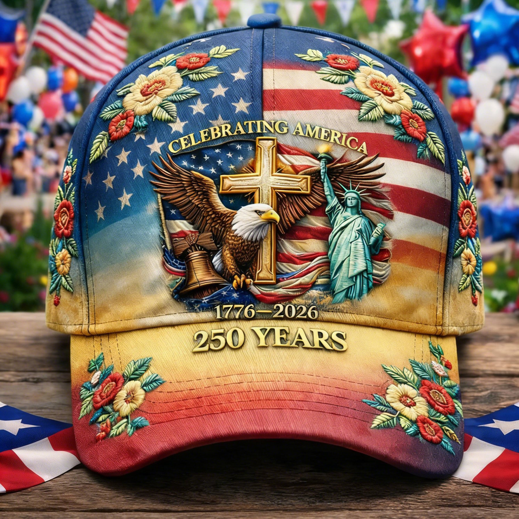 Celebrating America 250 Years 1776 2026 Patriotic Eagle Floral Hat Statue Of Liberty Baseball Cap Celebrating America 250 Years 1776 2026 Patriotic Eagle Floral Hat Statue Of Liberty Baseball Cap - Image 1