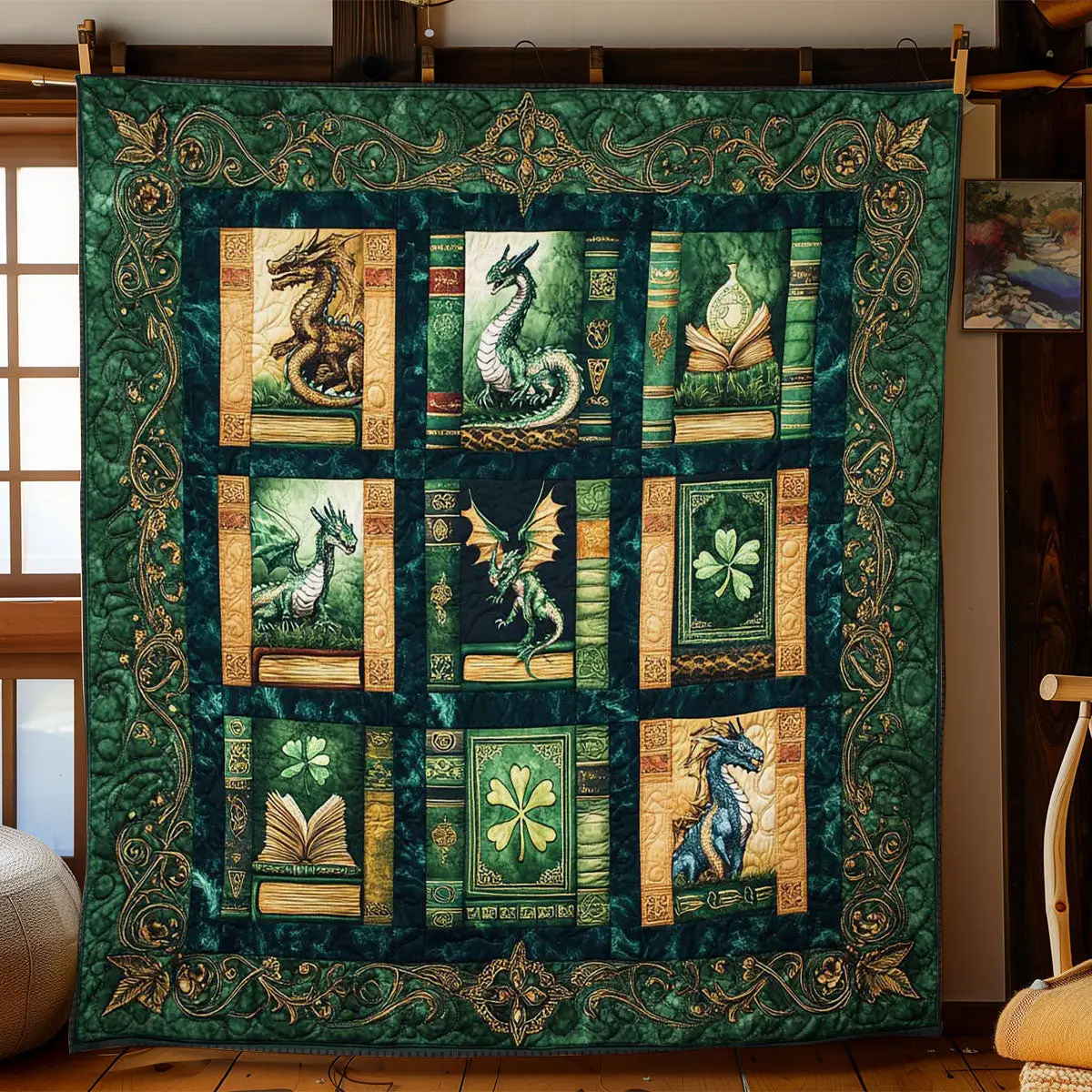 Celestial Dragon Quilted Blanket Holiday Home Decor St Patrick's Day Dragon Lover Gifts