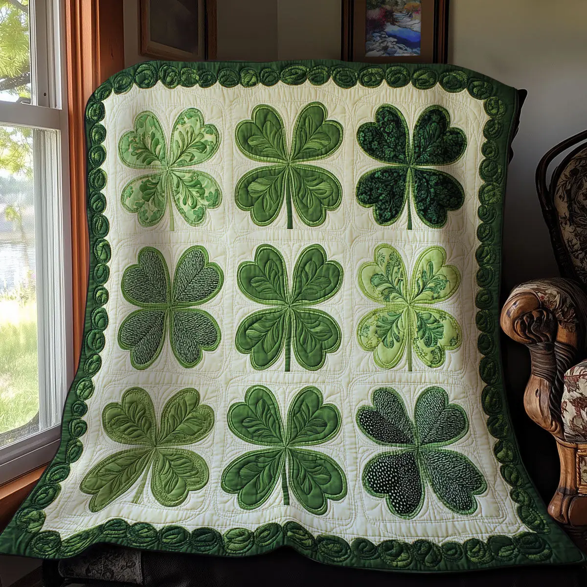 Celtic Clover Quilted Blanket Shamrock Design Holiday Home Decor Gift For Her
