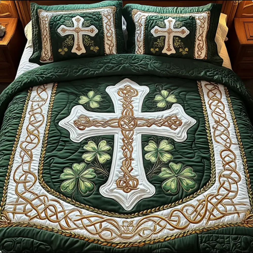 Celtic Cross Lucky St Patrick's Day Quilt Bedding Set Idea Gift For Irish