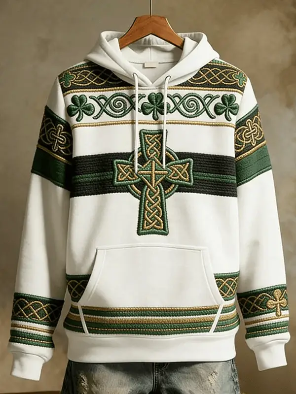 Celtic Cross Shamrock Hoodie St Patrick's Day White Irish Heritage Embroidered Party Outfit