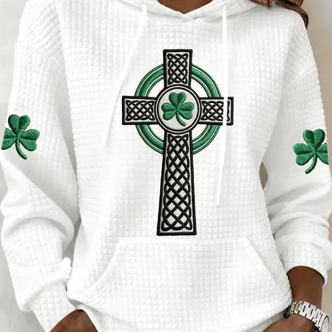 Celtic Cross Shamrock Print Waffle Hoodie Irish Christian Faith Hoodie St Patrick's Day Gift