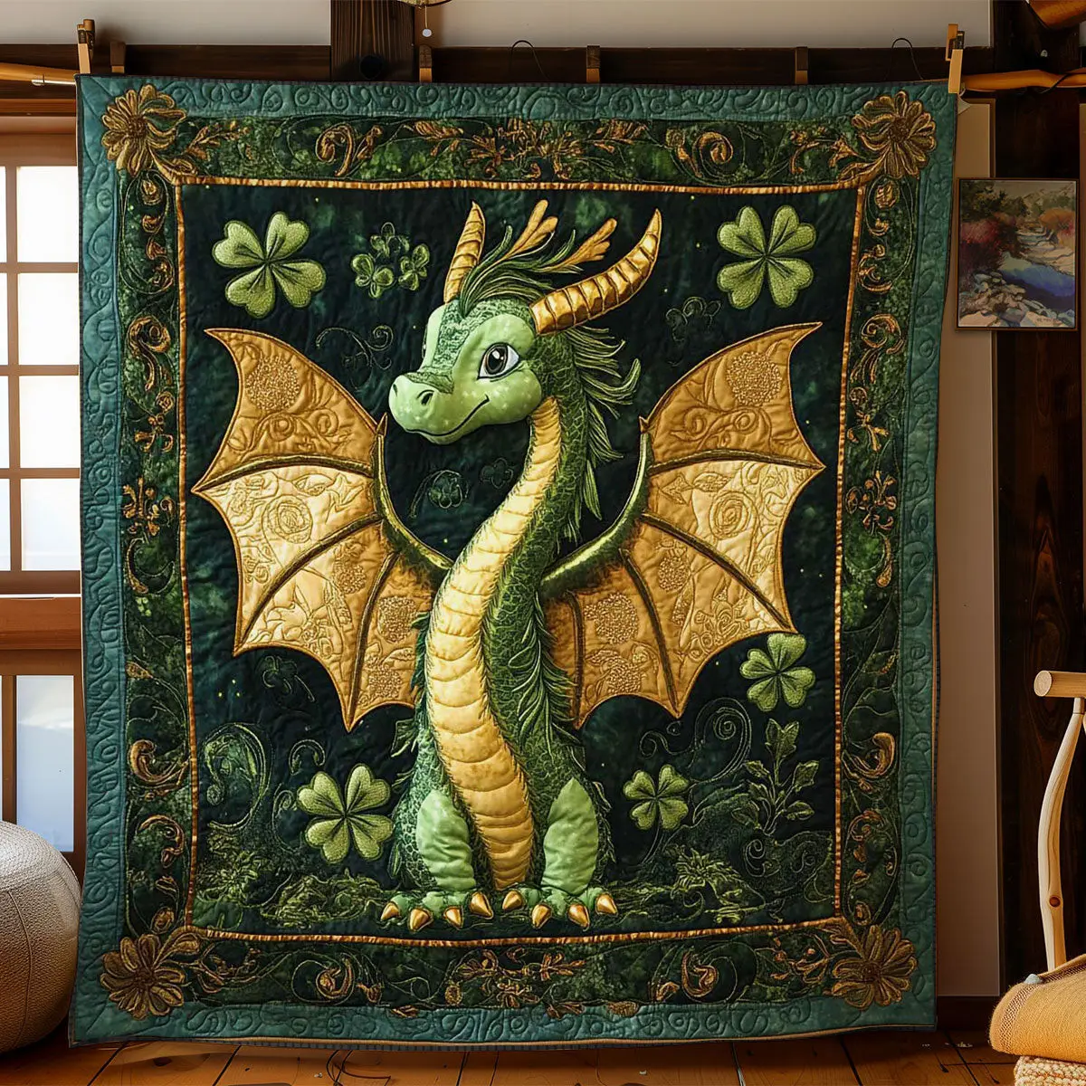 Celtic Dragon Charm Quilted Blanket Fantasy Themed Shamrock Decor Gift For Dragon Lovers