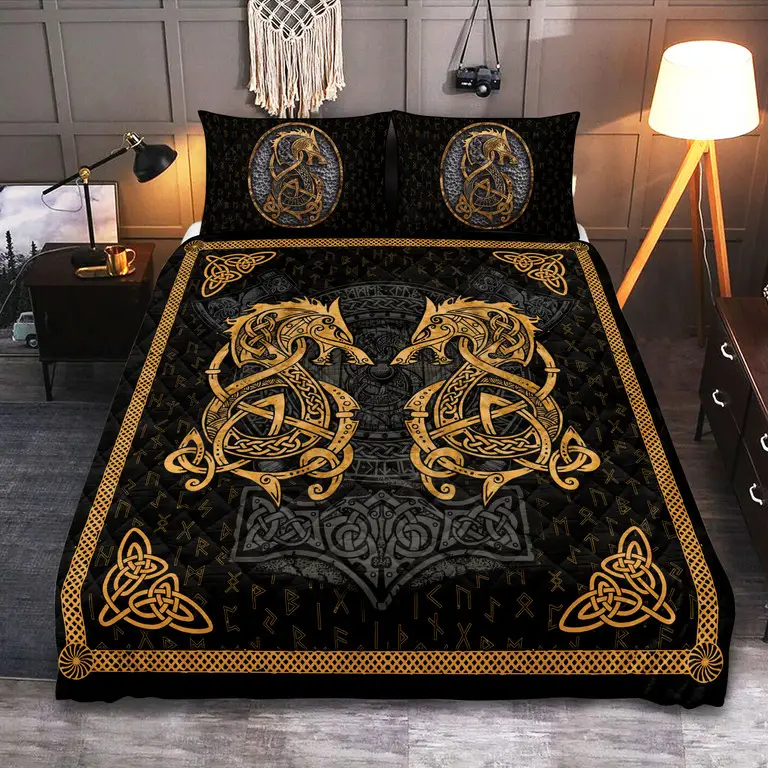 Celtic Fenrir And Rune Viking Quilted Bedding Set Bedroom Decor Gift For Mom